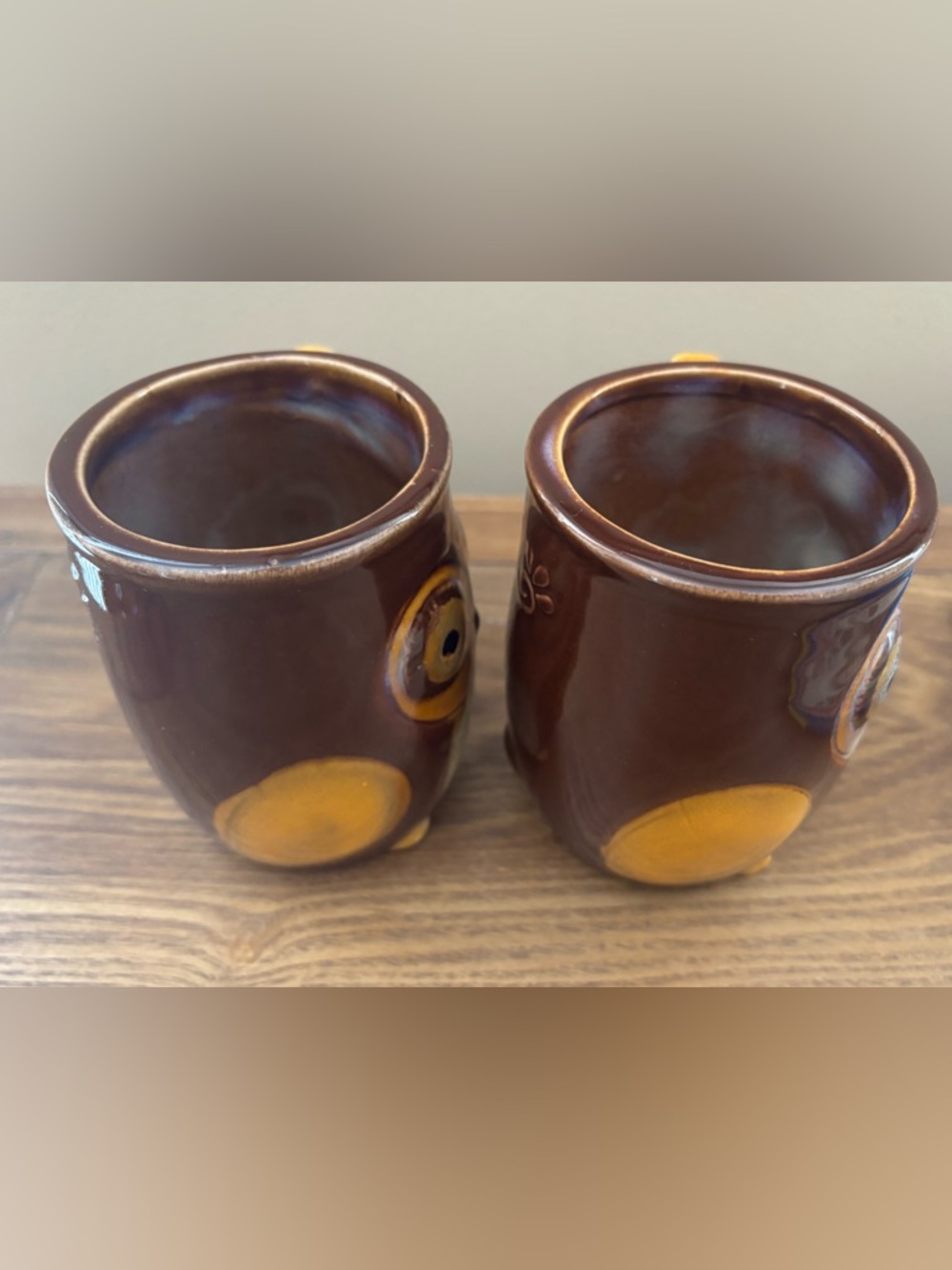 Vintage Gibson Home 2 Owl Coffee Mug Set Ceramic Stoneware UNUSED Brown Sage - Picture 3 of 6